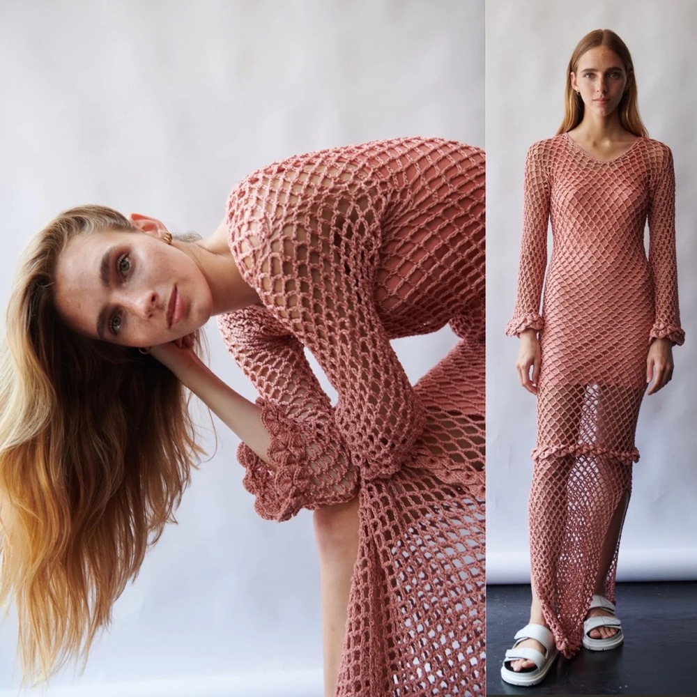 Ayni Imac Long Sleeve Maxi Crochet Dress With Side Slits In Coral Size S